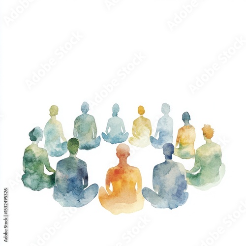 Watercolor painting of people sitting in circle, back views, pastel palette, on white