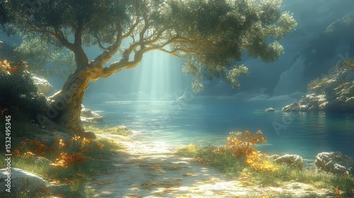 Sunlit Lake Scene with Tree and Landscape Sunlight Background