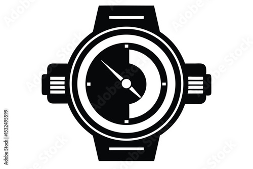 Monochrome illustration of a wrist watch with analog dial and unique geometric band