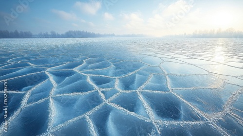 Cracked Ice Surface on Frozen Lake at Winter Season with Clear Sky