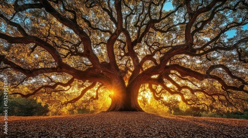 Majestic Oak Tree Silhouette Against Golden Sunset Landscape Photography