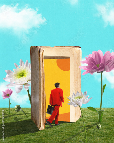 Bilde på lerret Entering world beyond pages where reality dissolves into imagination, man walks through book into vivid unknown