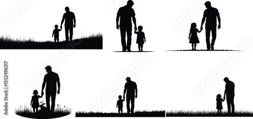 Father and Daughter Walking Silhouettes - Family Bond Vector Set, Parenthood Journey Graphics,fathers day silhouette bundle
