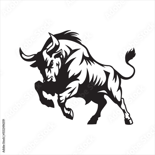 Raging bull silhouette vector. Powerful charging animal icon for sport mascot, financial logo, or strength symbol. Black graphic isolated on white