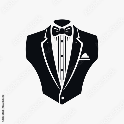 Stylish black and white tuxedo illustration with a classic bow tie and pleated shirt front. Formal wear concept