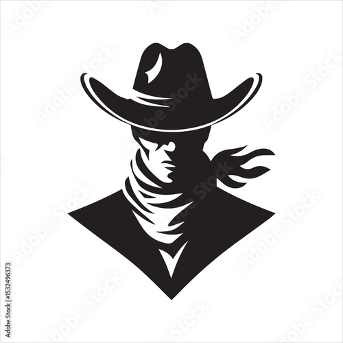 Cowboy head logo vector. Stylized western man in hat and bandana, black and white graphic icon for mascot, emblem, or American West theme