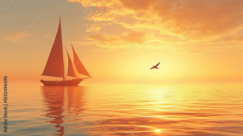 Fototapeta premium Tranquil Sailboat at Sunset Pixel Art on Calm Sea with Bird