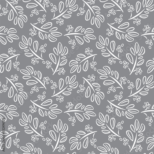 Seamless Christmas Mistletoe Leaves On Gray Background For Paper Gift Wrap And Fabric Print