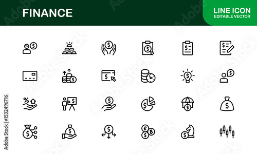 Professional Finance Icon Set with Modern Vector Illustrations for Business, Banking, Accounting, Investment, and Money Management