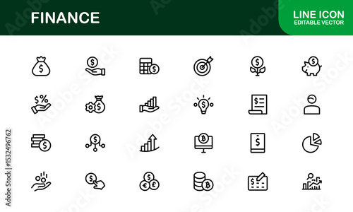 Professional Finance Icon Set with Modern Vector Illustrations for Business, Banking, Accounting, Investment, and Money Management