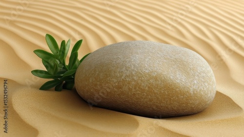 Smooth Stone and Small Green Leaves on Fine Wavy Golden Sand