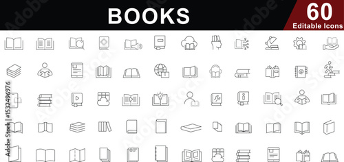 Books & Reading Line Icons Set - Education, Knowledge & Digital Library Symbols