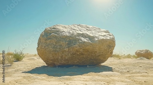 Large Rock Resting on Desert Sand Under a Clear Blue Sky