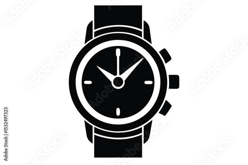Black wristwatch illustration with hour markers, minute markers, buttons on the right side