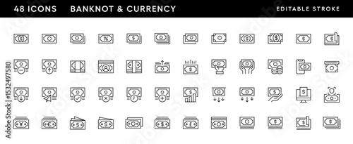 Money and banknote icon collection. Bill, currency, budget, deposit, earning, cash and more. Editable stroke. Pixel Perfect. Grid base 32 x 32.