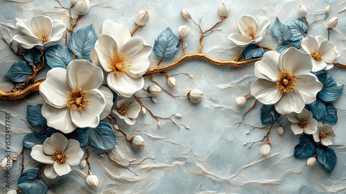 Delicate white flowers and teal leaves on textured light blue background