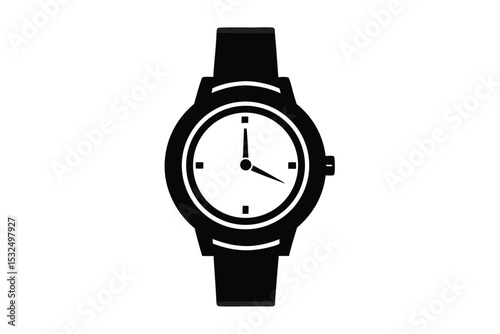 Silhouette of a Classic Black Wristwatch with Hour and Minute Hands Showing Time