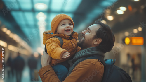 a father lifting his child playfully at the airport while waiting for their flight, travel bags around them
