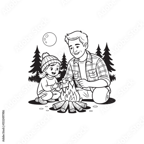 Camping lineart father and daughter roasting marshmallows by campfire

