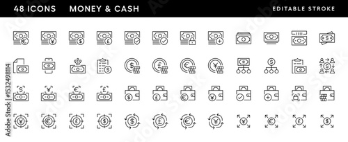 Money and cash icon collection. Bill, coin, deposit, earning, cash and more. Editable stroke. Pixel Perfect. Grid base 32 x 32.