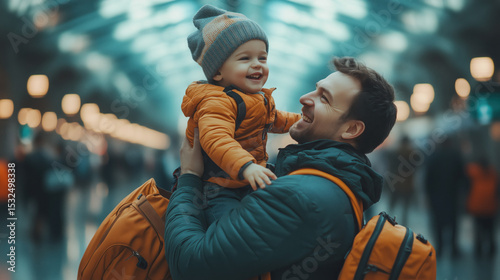 a father lifting his child playfully at the airport while waiting for their flight, travel bags around them