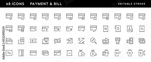 Payment and bill icon collection. Transaction icon set Online payment, money, transaction, exchange, wallet, money bag and more. Editable stroke. Pixel Perfect. Grid base 32 x 32.