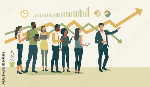 A lesson about development and profit. A professionally dressed man pointing to a upward-trending graph, indicating growth or progress. Flat vector Illustration