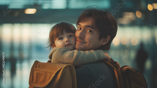 a father lifting his child playfully at the airport while waiting for their flight, travel bags around them