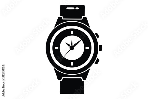 Black Graphic Illustration of a Wristwatch With Analog Display and Time Indicators
