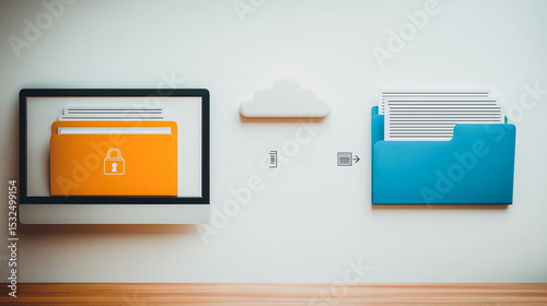 Data Security and Cloud Storage: Digital documents, securely locked within a file icon, seamlessly transitioning to cloud storage. Represents data protection, encryption.