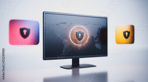 Cybersecurity Sentinel: A sleek monitor displays a digital shield, flanked by two stylized icons, symbolizing robust protection and secure data transfer.