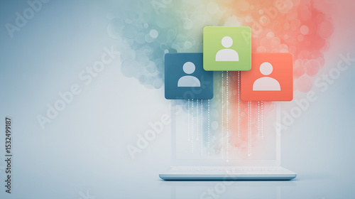 Networking Icon: A digital artwork visualizing interconnectedness. Icons of people are floating from a laptop screen with a spectrum of vibrant colors.