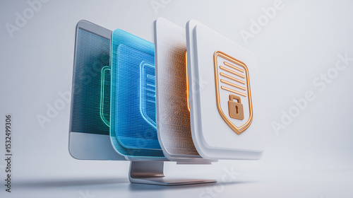 Data Protection Abstract: An innovative 3D rendering showcasing digital document security, symbolizing the safeguarding of sensitive information through robust encryption and privacy measures.
