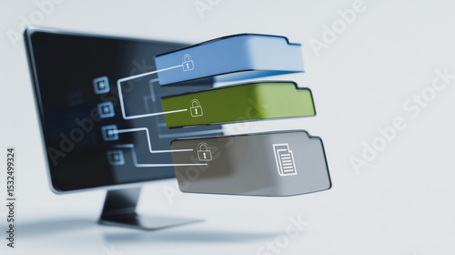 Digital Data Organization: A visual representation of secure data storage and digital organization. Featuring a monitor displaying files.
