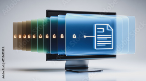 Data Security Layers: Visualize the complex world of data security with this image, showing layers of digital information protection. Featuring a computer monitor.