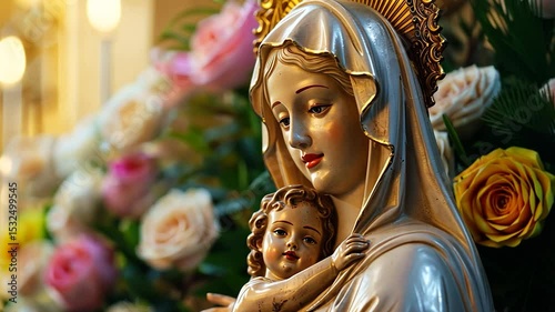 Visitors gather around a beautifully adorned statue of the Virgin Mary with baby Jesus during the Intercession of the Most holiday celebration	