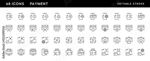 Payment icon collection. Transaction icon set Online payment, money, transaction, exchange, wallet, money bag and more. Editable stroke. Pixel Perfect. Grid base 32 x 32.