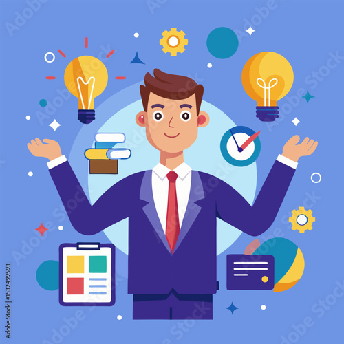 Business Concept Illustration with Lightbulb, Pie Chart, and Checklist Tablet

