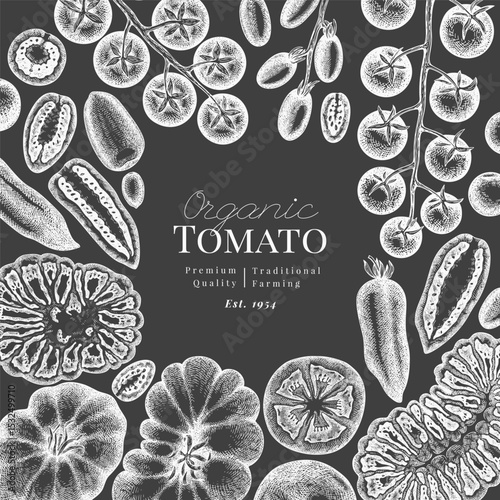 Hand Drawn Chalk Board Tomato Illustration. Retro Vegetable Vector Design Template. Old School Farm Food.