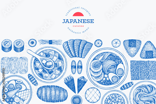 Japanese Cuisine Vector Design Template. Asian Dishes Hand Drawn Background. Retro Japan Traditional Food Illustration.