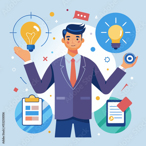 Business Concept Illustration with Lightbulb, Pie Chart, and Checklist Tablet

