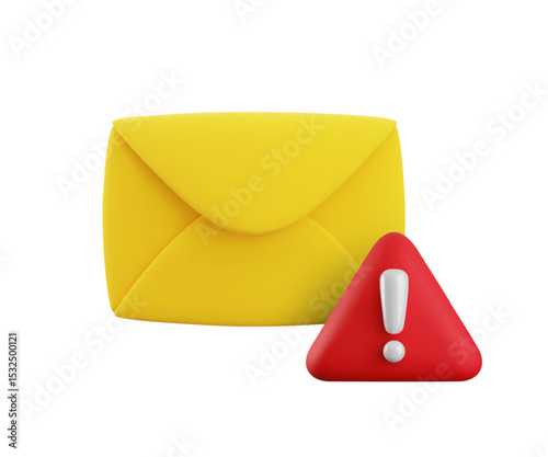 Vector cartoon 3d email error icon. Realistic 3d render of yellow envelope with red triangle exclamation mark. Spam warning mail sign, important information notification, alert mail system concept.