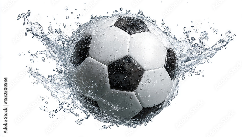 Fototapeta premium Soccer ball in a water splash, This image represents the concept of a water sport, with a design suitable for a banner or advertisement, leaving space for additional text or information