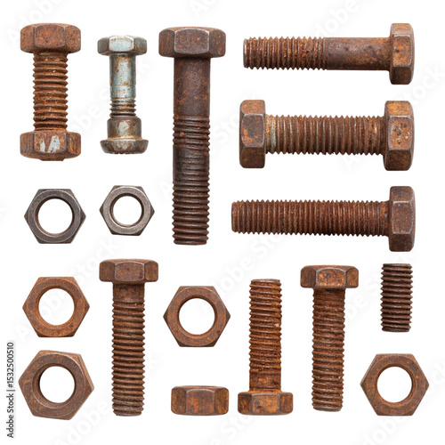 A collection of various old, rusty metal bolts and nuts, showcasing their weathered textures and signs of corrosion. Ideal for industrial, construction, or vintage design projects.