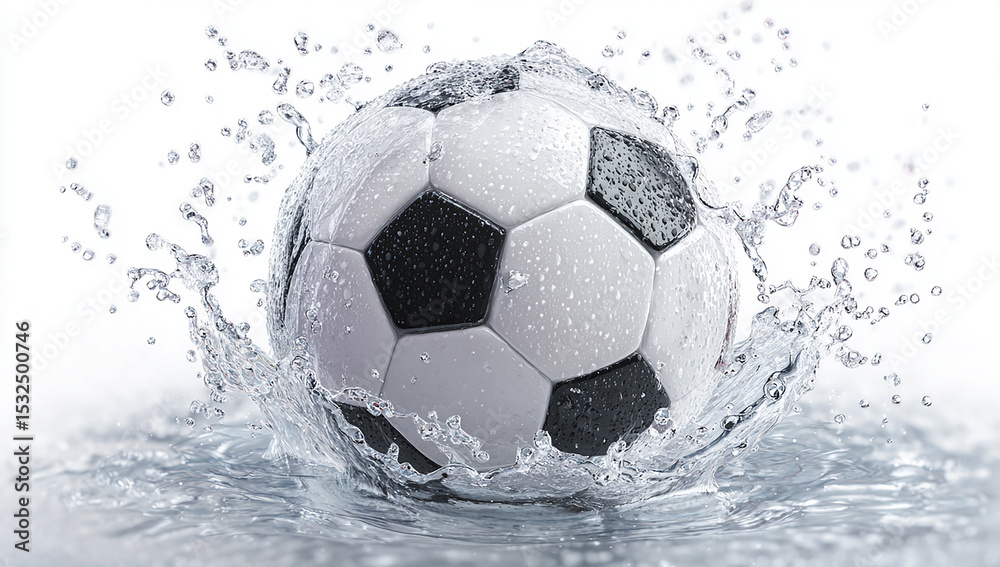 Naklejka premium Soccer ball in a water splash, This image represents the concept of a water sport, with a design suitable for a banner or advertisement, leaving space for additional text or information