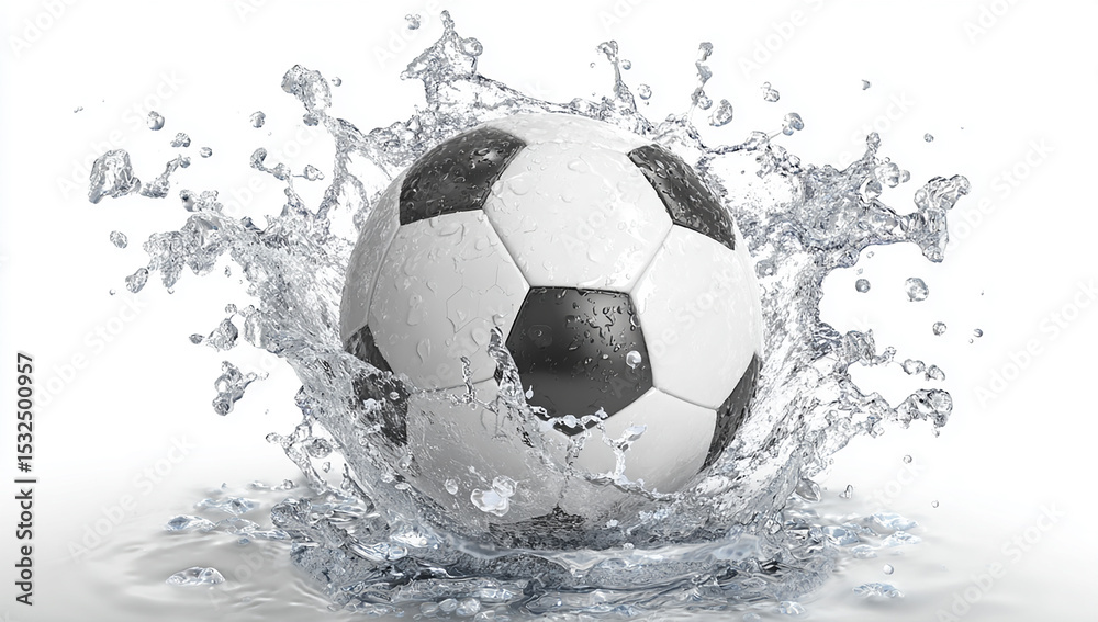 Naklejka premium Soccer ball in a water splash, This image represents the concept of a water sport, with a design suitable for a banner or advertisement, leaving space for additional text or information