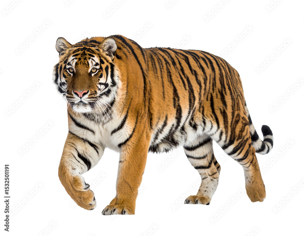 Fototapeta premium Majestic tiger strides forward with powerful grace on plain backdrop on transparent background