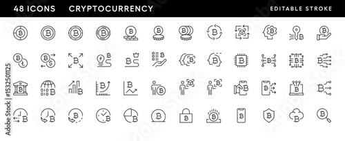 Cryptocurrency line icon collection. Blockchain icon set, digital money, blockchain, virtual currency, token and more. Editable stroke. Pixel Perfect. Grid base 32 x 32.