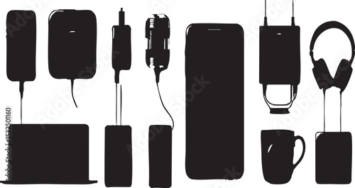 "Everyday Electronics & Charging Gear Silhouettes"