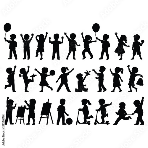 Silhouette illustration of children engaged in joyful activities including dancing, playing, and creating art